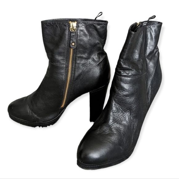 H&M Genuine Leather Black Ankle Zipper Platform Booties Size 9 - Picture 1 of 10